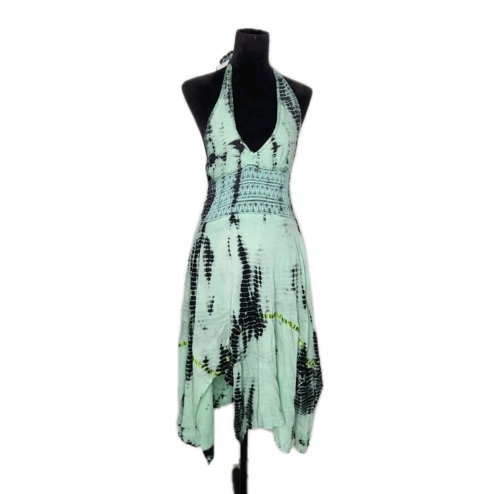 India Boutique Tie Dye Halter Handkerchief Gauze Dress Boho Festival OS
